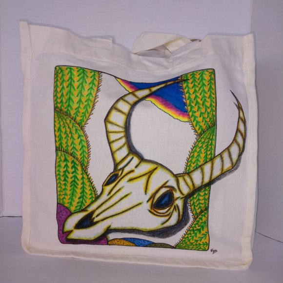 Hand-Painted Cow Skull Tote Bag: Desert Cactus Scene 14x13x7 - Picture 15 of 16
